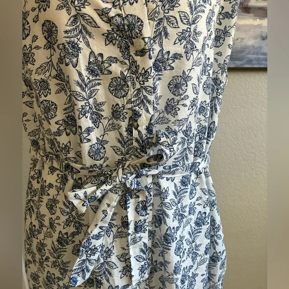 Tommy Hilfiger Blue and White Linen Cotton Floral Button Down Midi Dress - Picture 4 of 6